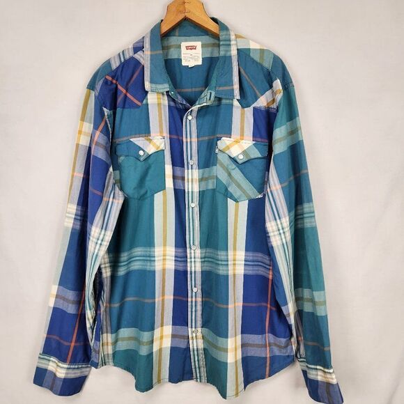 Levi's Mens Blue Pearl Snap Button Plaid Western Shirt Size 2XL Long Sleeve - Picture 1 of 6